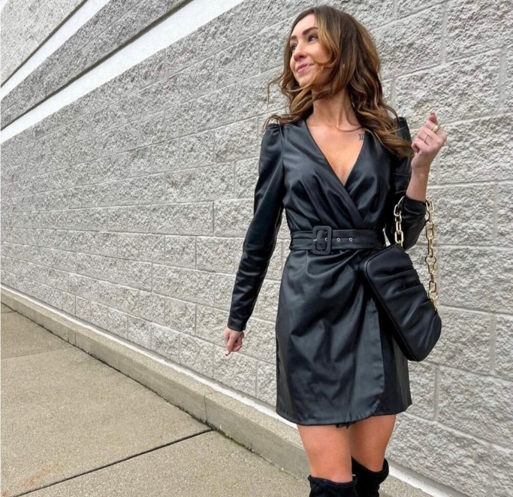ZARA BLOGGER FAVORITE BELTED FAUX LEATHER DRESS BLACK
